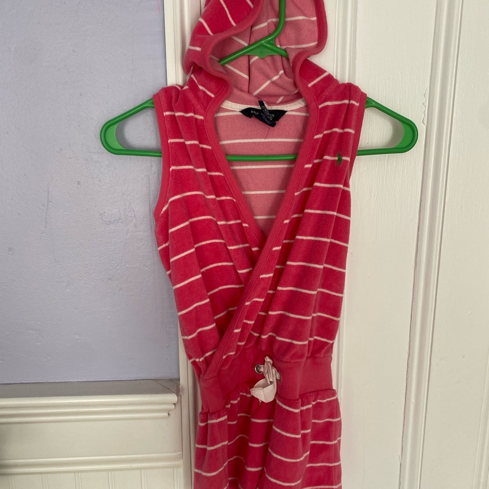 Pink Ralph Lauren Striped Hooded romper